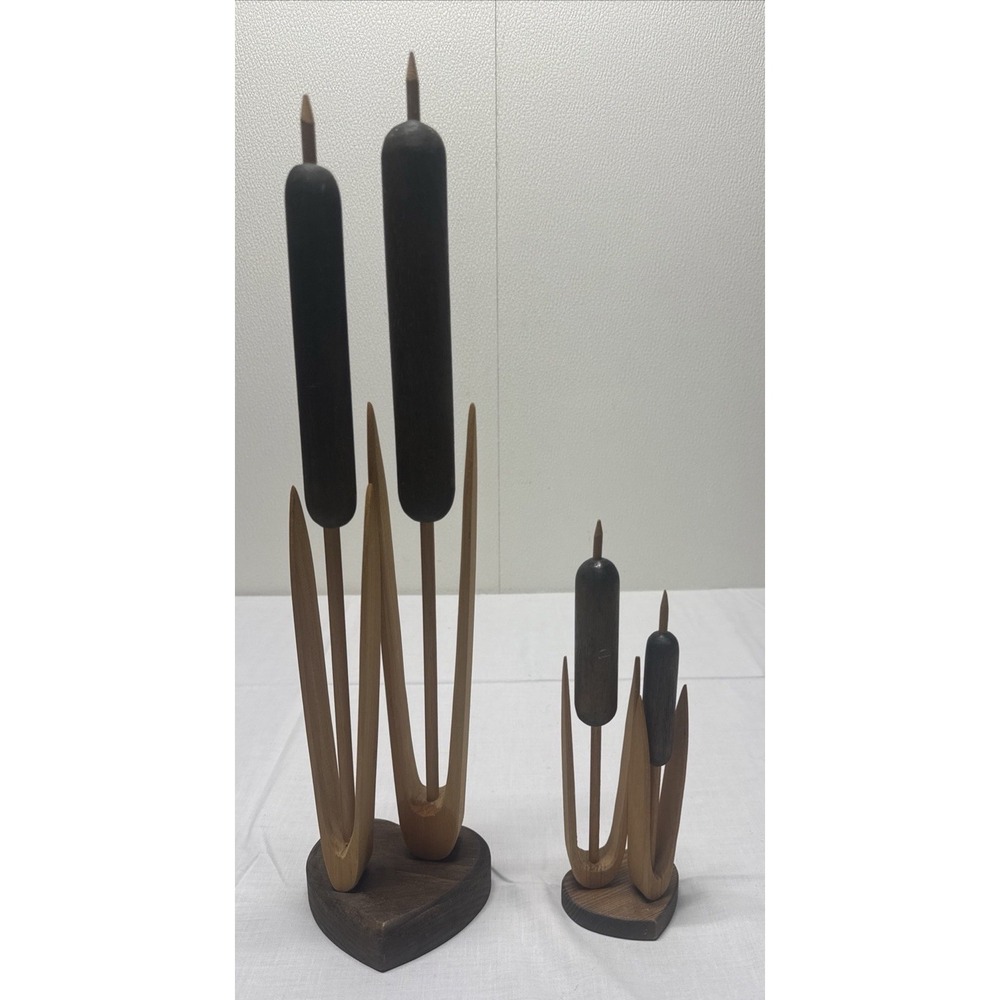 Set of 2 MCM Wooden Cattails on Heart Base 19" and 10" handmade